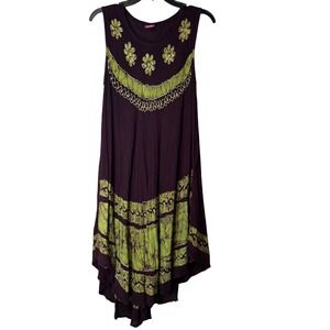 Boho Sleeveless Dress Purple Green Floral Embroidered Free Size Embroidered FLAW